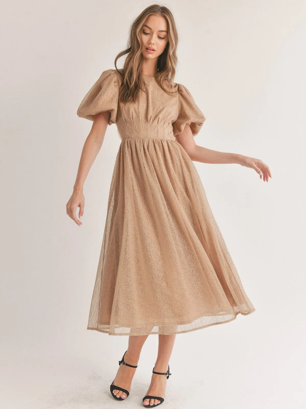WOMEN'S SHORT PUFF SLEEVE ELASTIC WAIST OPEN BACK MAXI DRESS