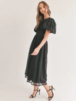 WOMEN'S SHORT PUFF SLEEVE ELASTIC WAIST OPEN BACK MAXI DRESS