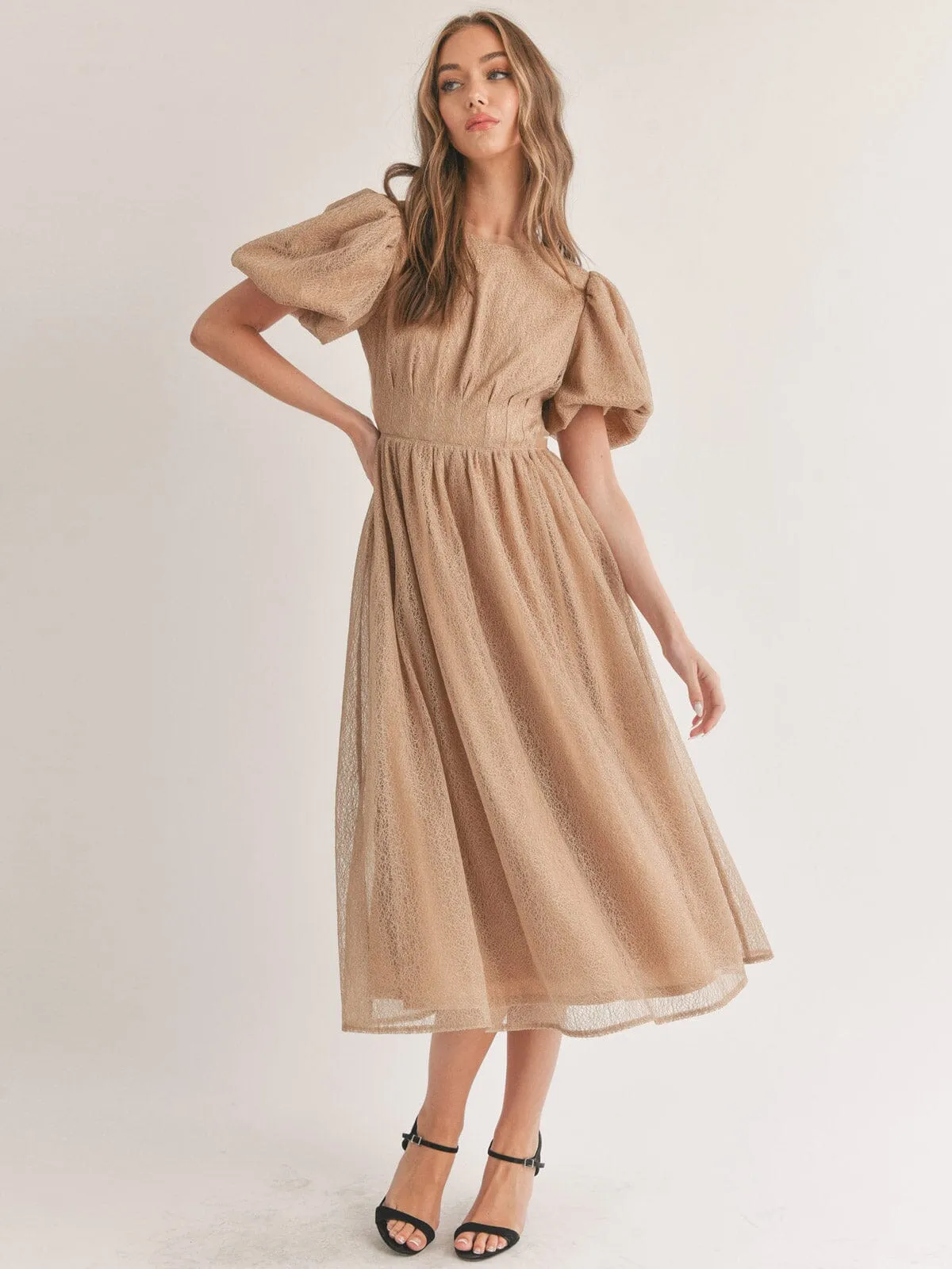WOMEN'S SHORT PUFF SLEEVE ELASTIC WAIST OPEN BACK MAXI DRESS