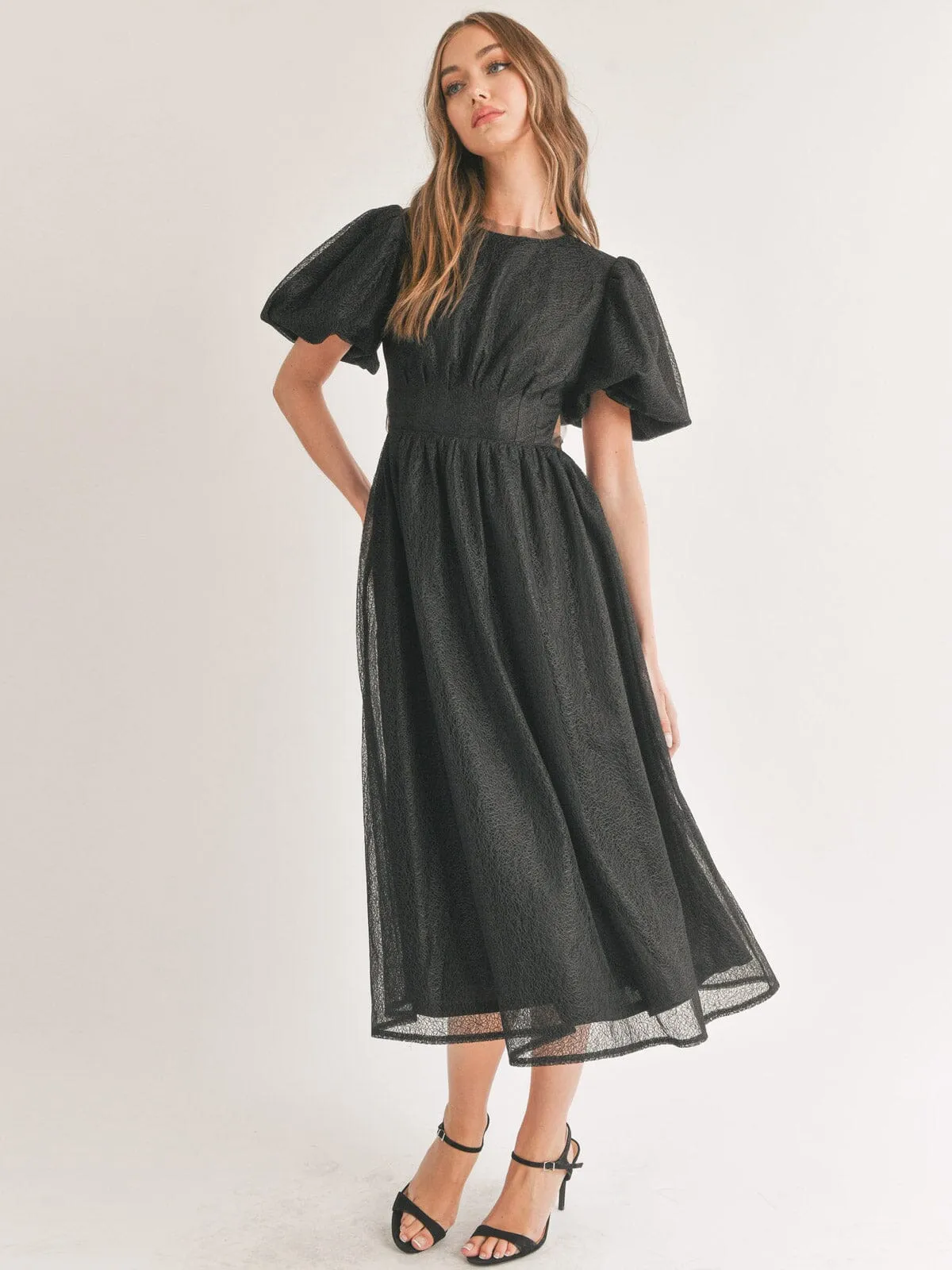 WOMEN'S SHORT PUFF SLEEVE ELASTIC WAIST OPEN BACK MAXI DRESS