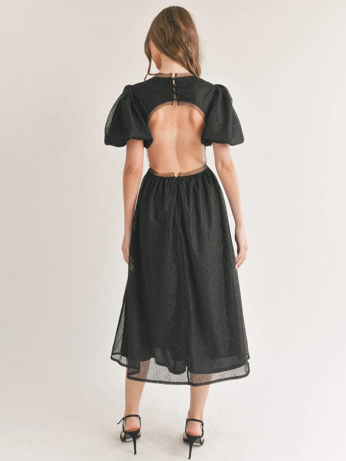 WOMEN'S SHORT PUFF SLEEVE ELASTIC WAIST OPEN BACK MAXI DRESS