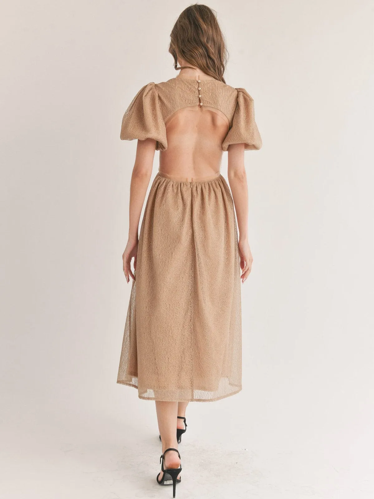 WOMEN'S SHORT PUFF SLEEVE ELASTIC WAIST OPEN BACK MAXI DRESS