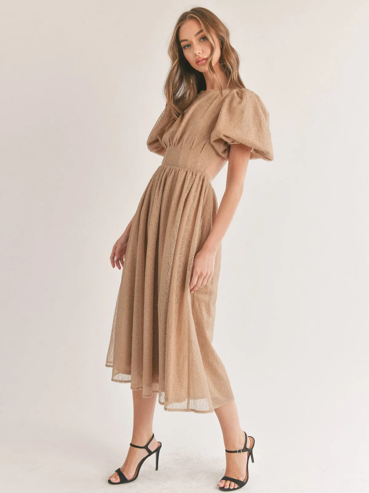 WOMEN'S SHORT PUFF SLEEVE ELASTIC WAIST OPEN BACK MAXI DRESS