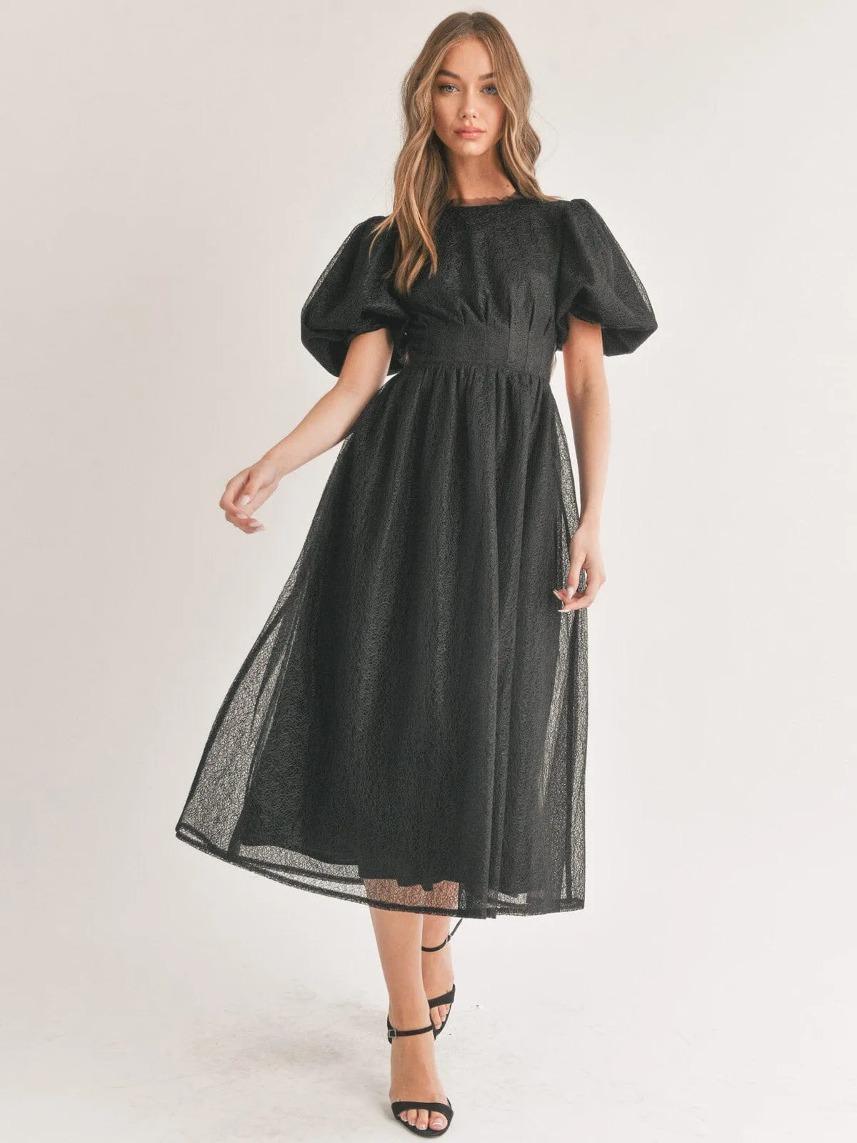 WOMEN'S SHORT PUFF SLEEVE ELASTIC WAIST OPEN BACK MAXI DRESS