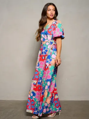 WOMEN'S SHORT PUFF SLEEVE WRAP FLORAL PRINT MAXI DRESS