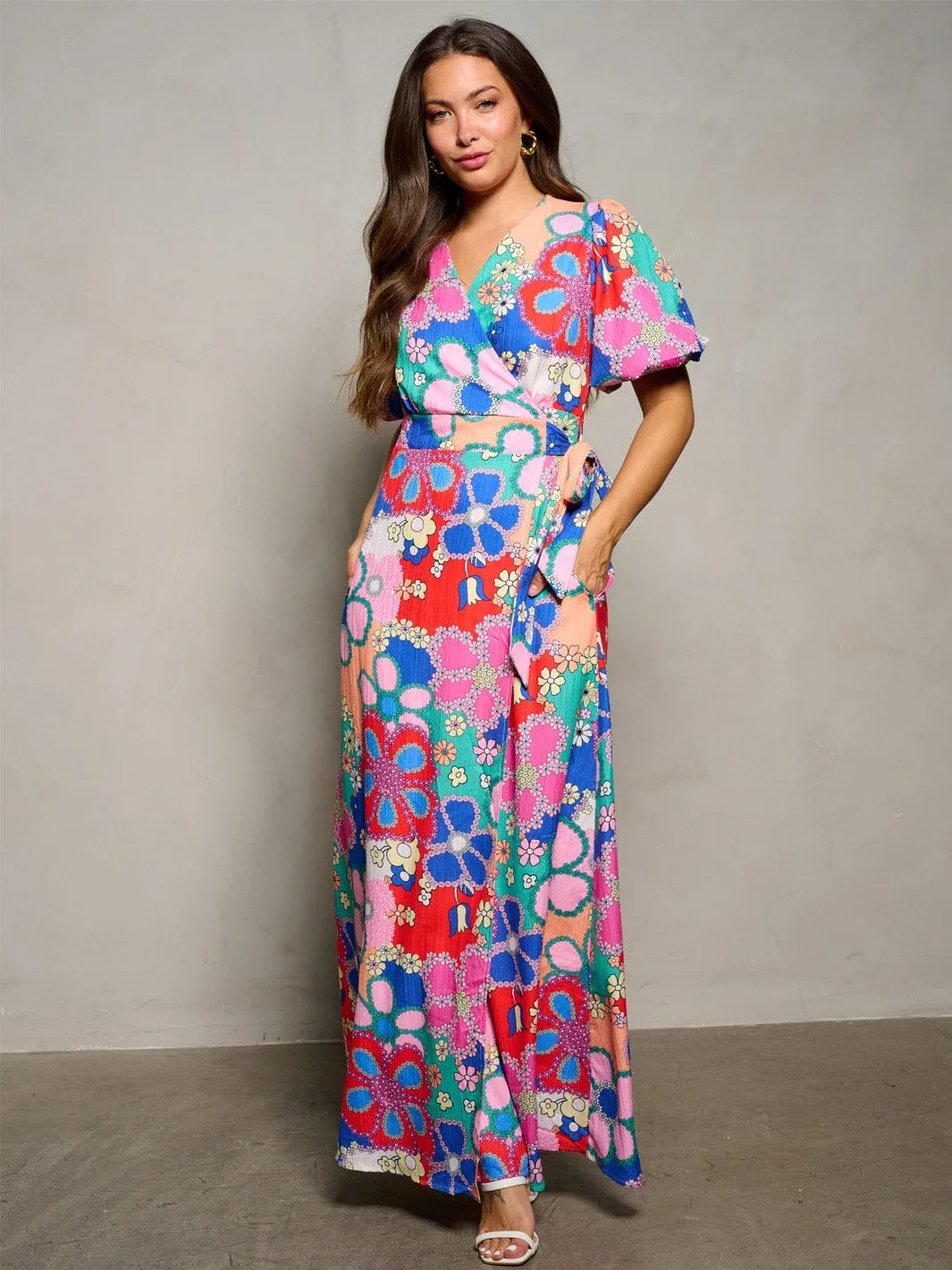 WOMEN'S SHORT PUFF SLEEVE WRAP FLORAL PRINT MAXI DRESS