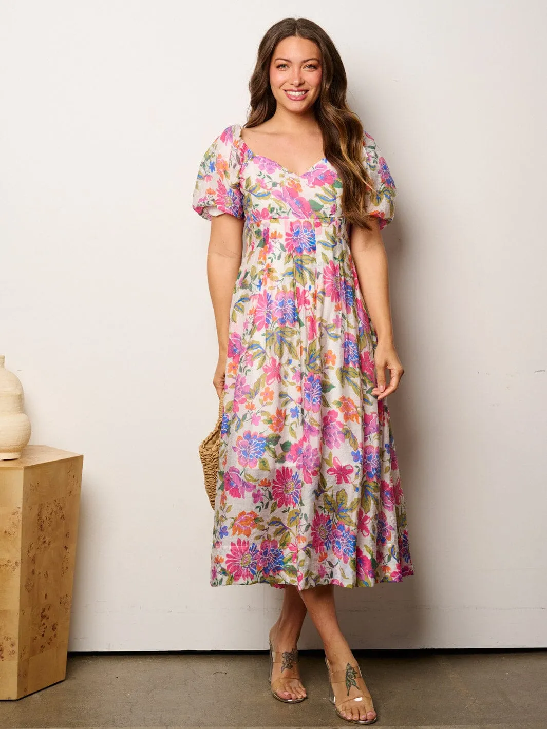 WOMEN'S SHORT PUFF SLEEVES FIT & FLARE FLORAL MIDI DRESS