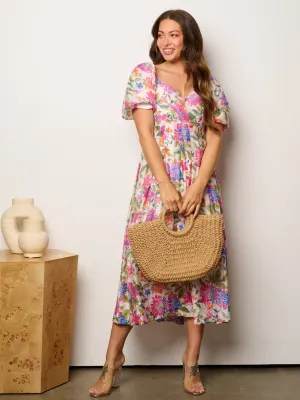 WOMEN'S SHORT PUFF SLEEVES FIT & FLARE FLORAL MIDI DRESS