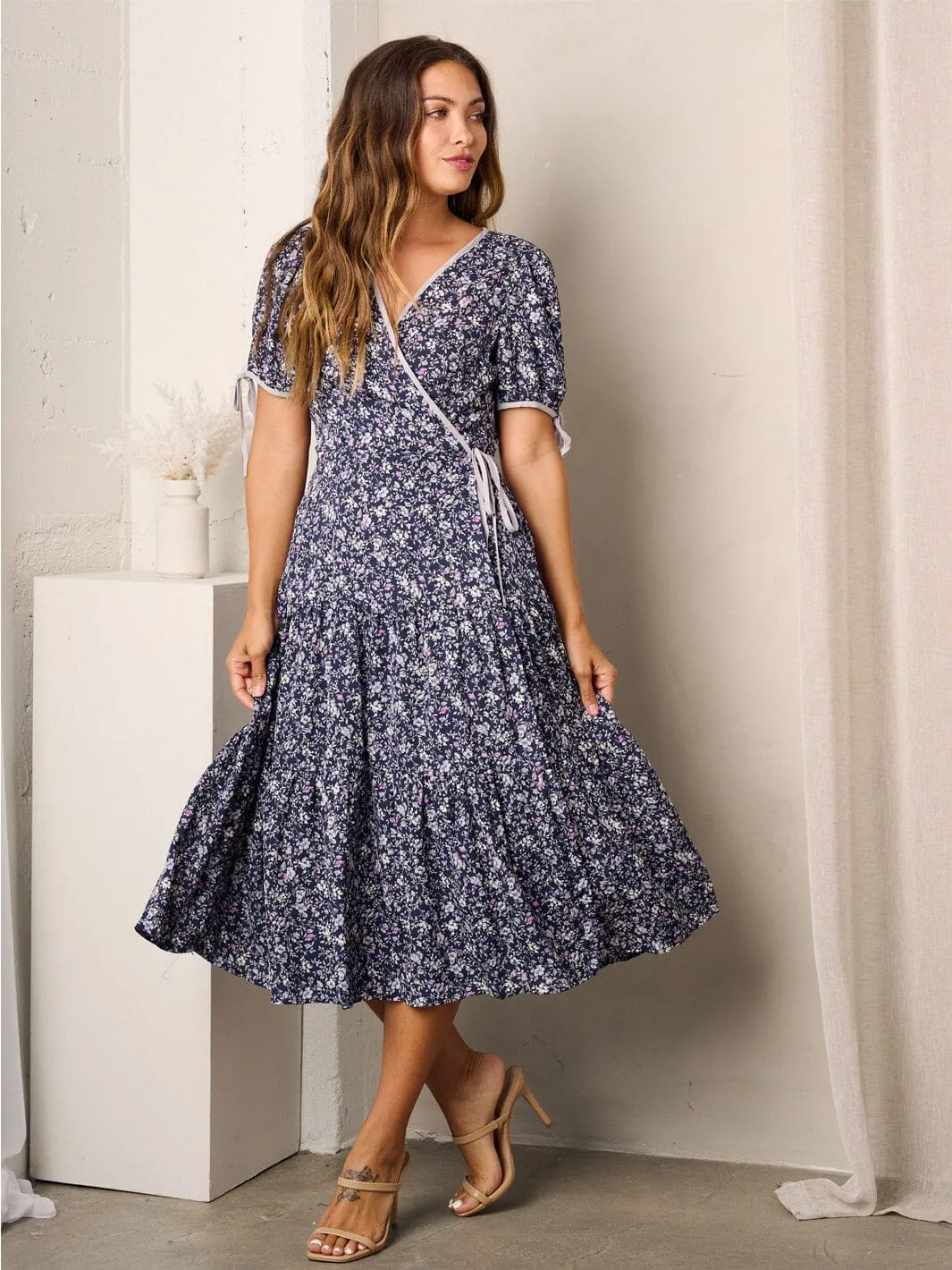WOMEN'S SHORT SLEEVE FLORAL WRAP MIDI DRESS