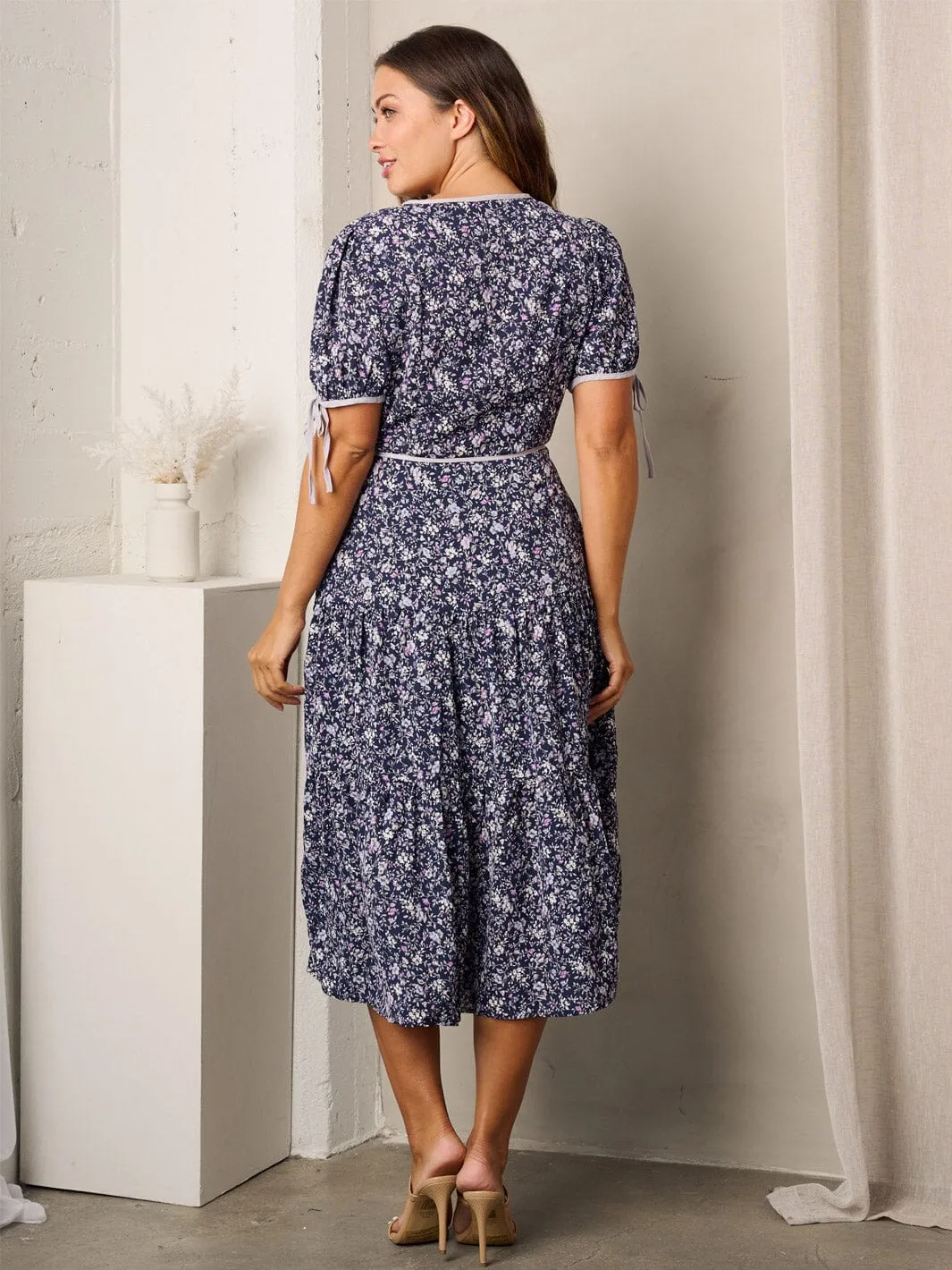 WOMEN'S SHORT SLEEVE FLORAL WRAP MIDI DRESS