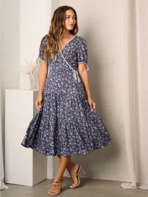 WOMEN'S SHORT SLEEVE FLORAL WRAP MIDI DRESS
