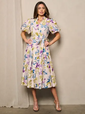 WOMEN'S SHORT SLEEVE POCKETS FIT & FLARE FLORAL MIDI DRESS