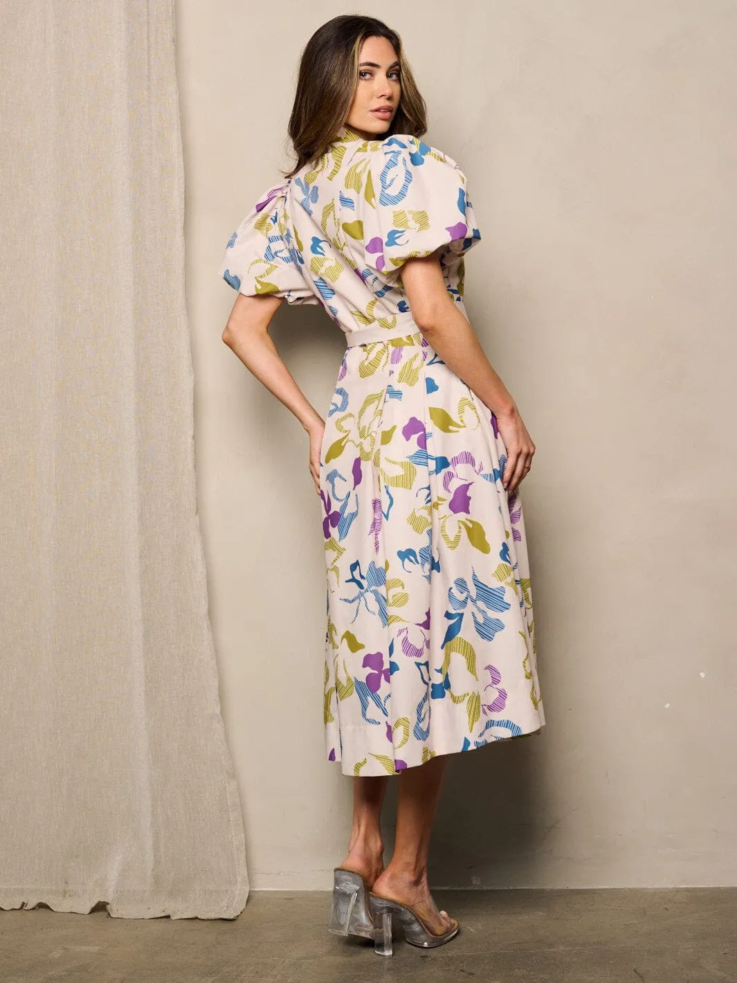 WOMEN'S SHORT SLEEVE POCKETS FIT & FLARE FLORAL MIDI DRESS