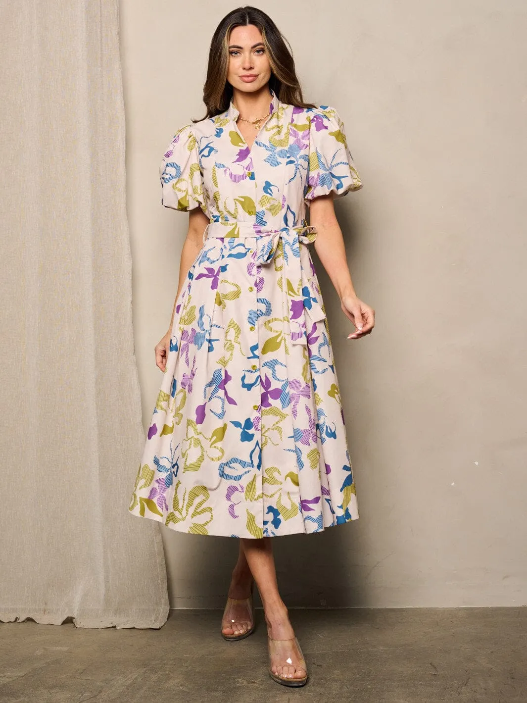 WOMEN'S SHORT SLEEVE POCKETS FIT & FLARE FLORAL MIDI DRESS
