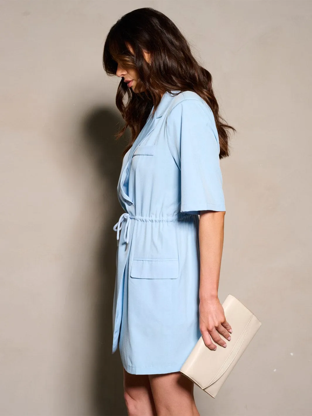 WOMEN'S SHORT SLEEVE POCKETS SELF TIE WRAP MINI DRESS