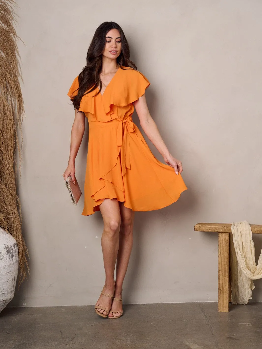 WOMEN'S SHORT SLEEVE RUFFLE WRAP SELF TIE MINI DRESS