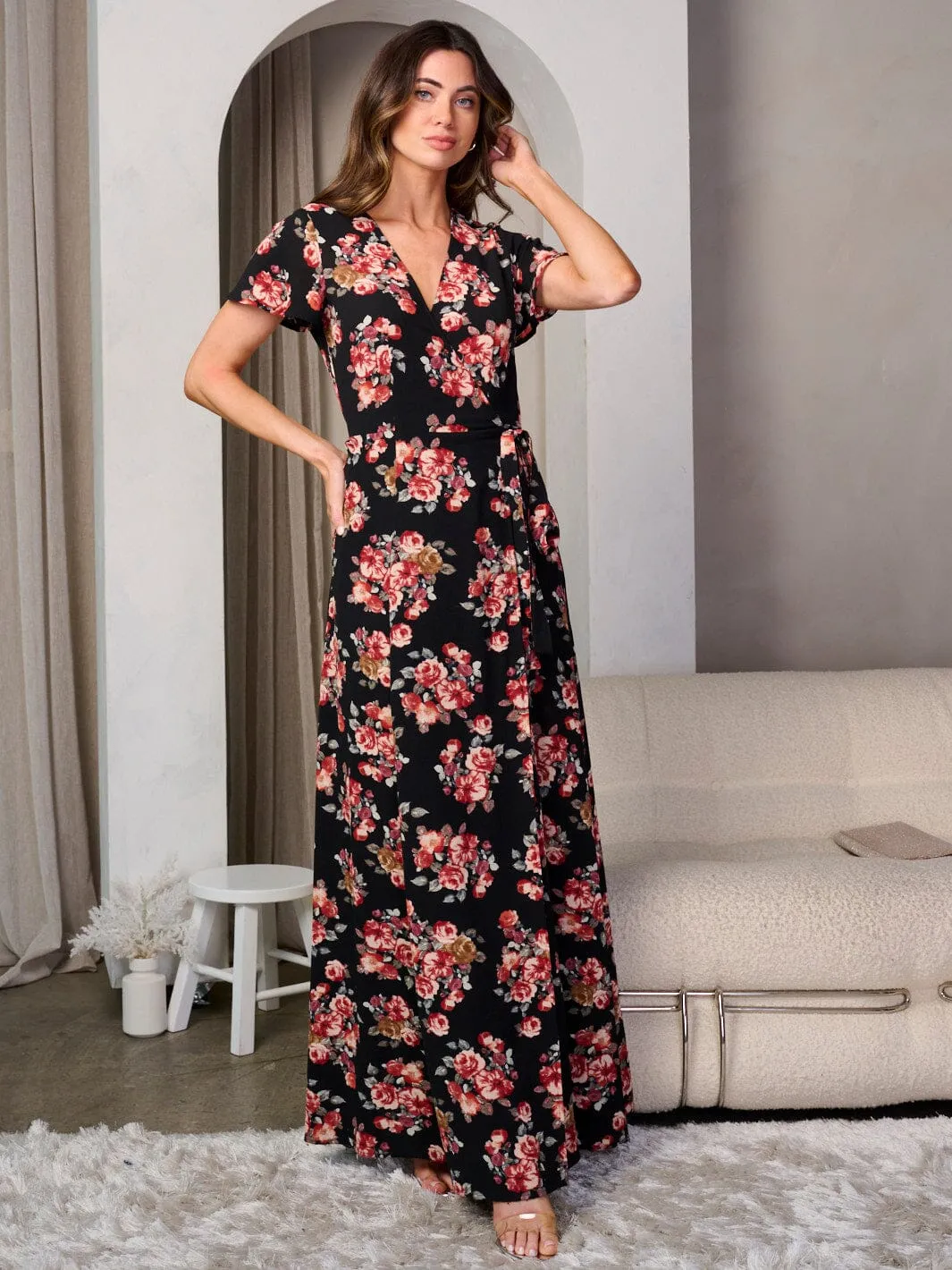 WOMEN'S SHORT SLEEVE V-NECK FLORAL WRAP MAXI DRESS