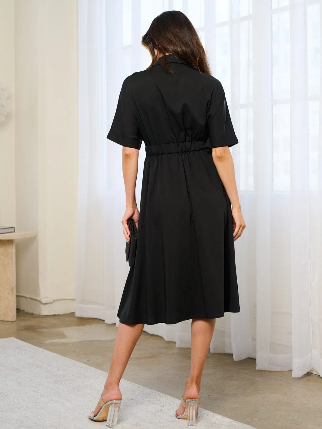 WOMEN'S SHORT SLEEVE WRAP MIDI DRESS