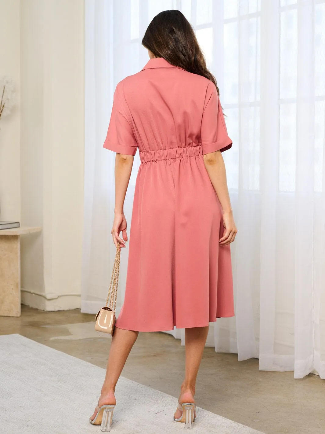 WOMEN'S SHORT SLEEVE WRAP MIDI DRESS