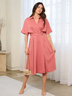WOMEN'S SHORT SLEEVE WRAP MIDI DRESS