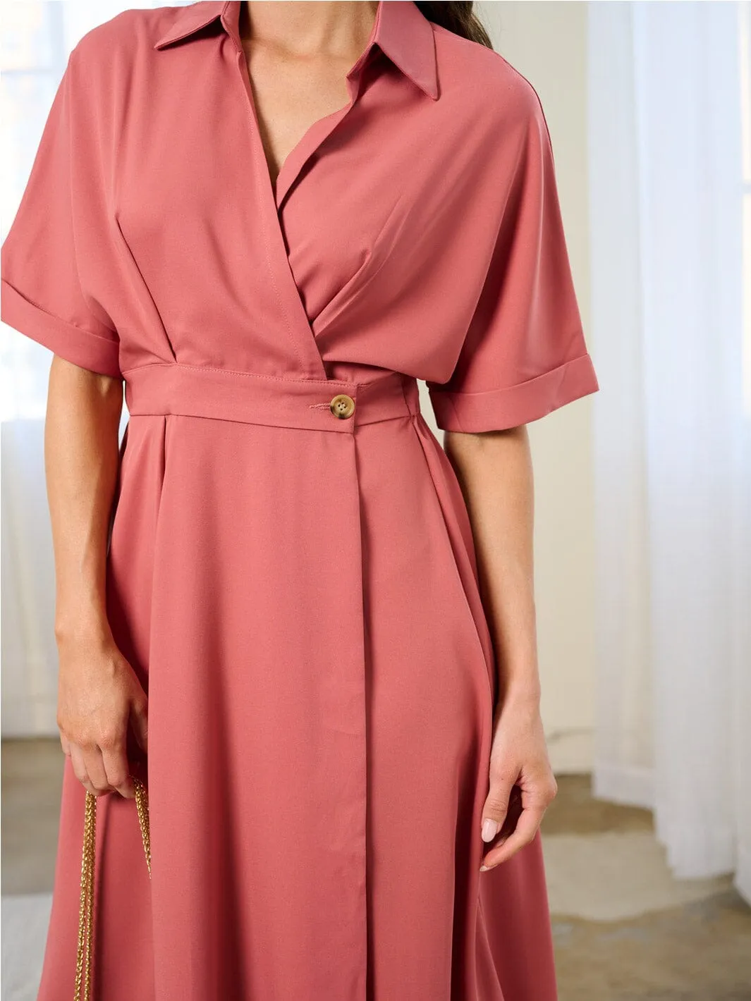 WOMEN'S SHORT SLEEVE WRAP MIDI DRESS