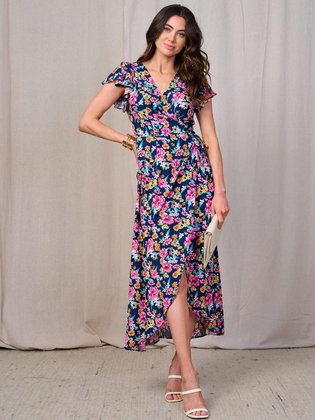 WOMEN'S SHORT SLEEVES SELF TIE HIGH-LOW FLORAL WRAP MAXI DRESS