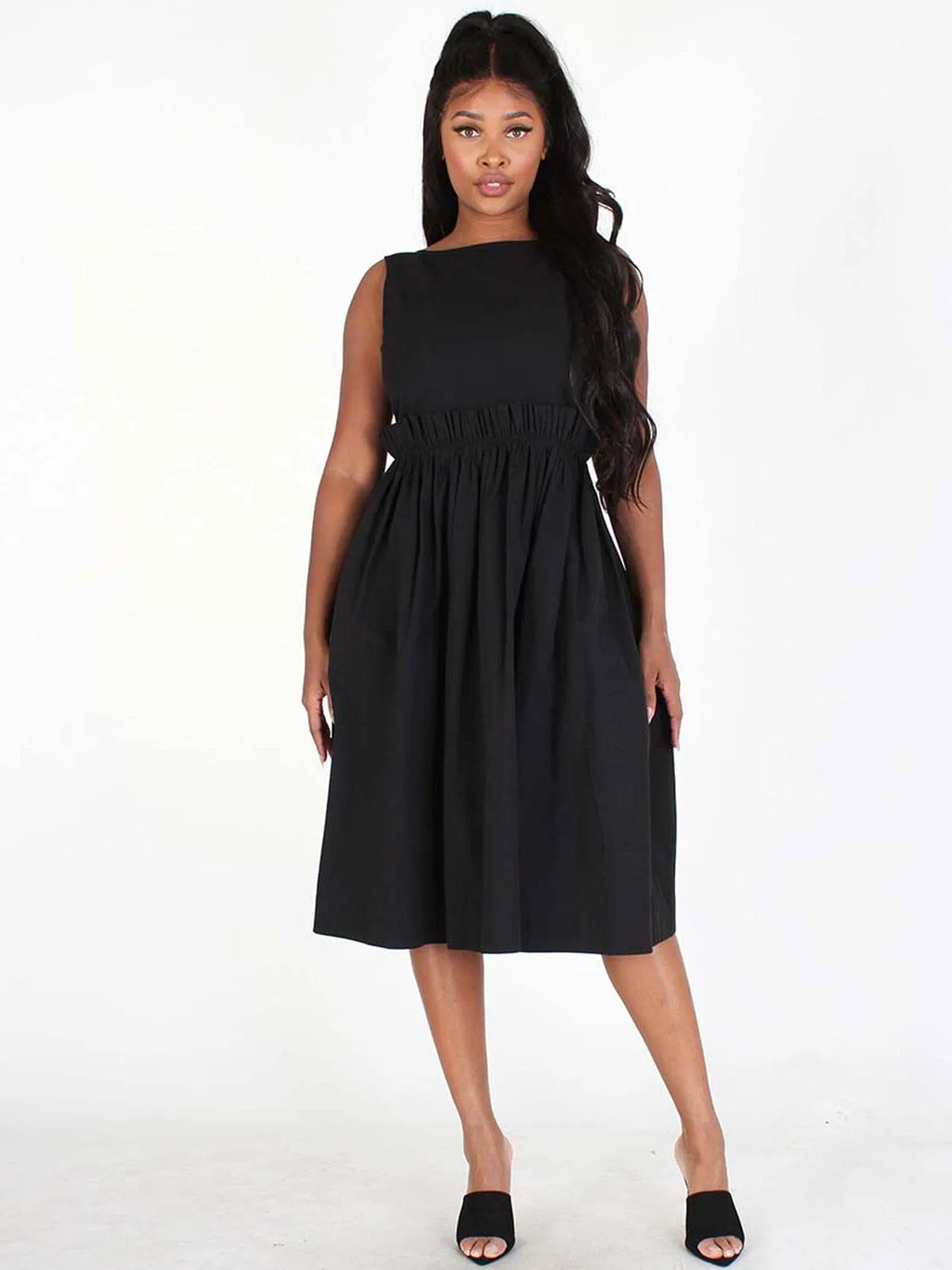 WOMEN'S SLEEVELESS BACK BUTTON UP POCKETS FIT & FLARE MIDI DRESS