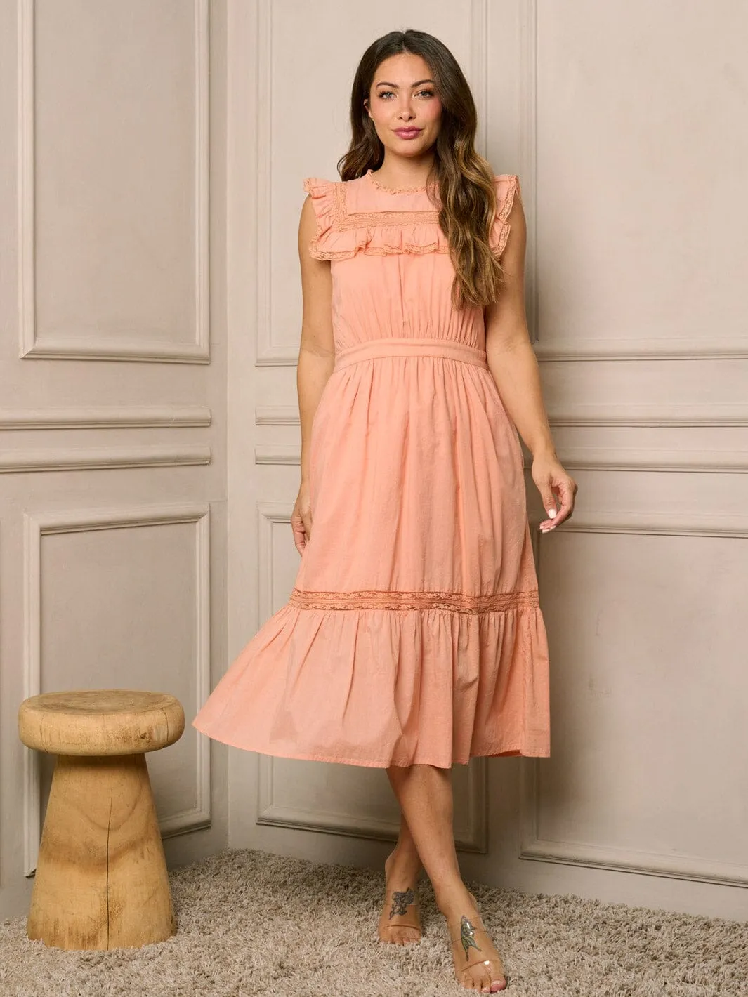 WOMEN'S SLEEVELESS POCKETS TIERED MIDI DRESS