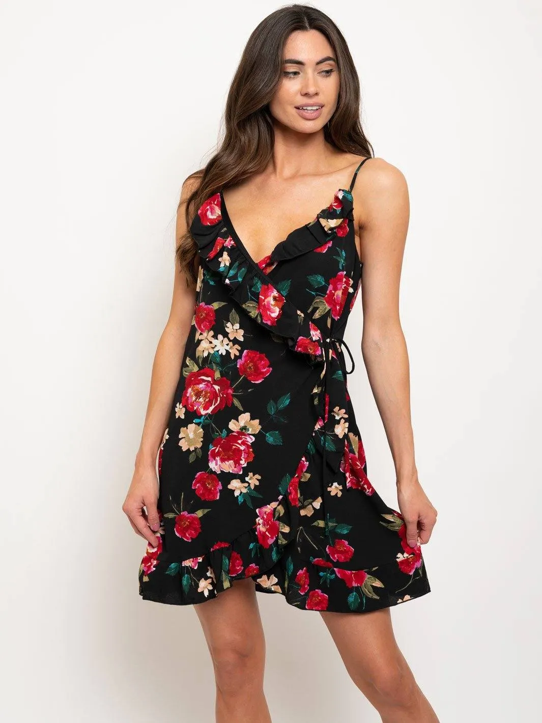 WOMEN'S SLEEVELESS RUFFLE DETAIL WRAP MINI DRESS