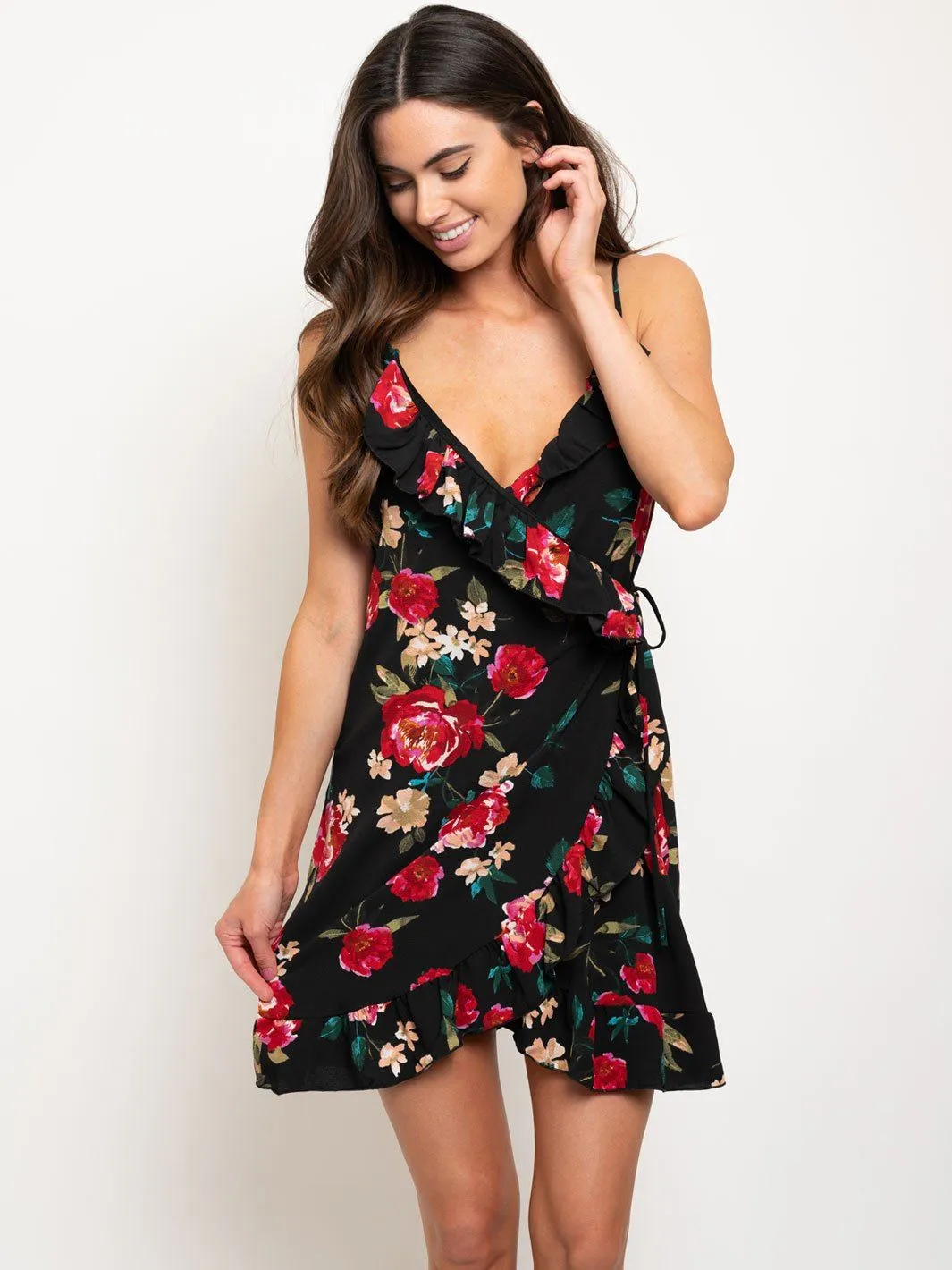 WOMEN'S SLEEVELESS RUFFLE DETAIL WRAP MINI DRESS