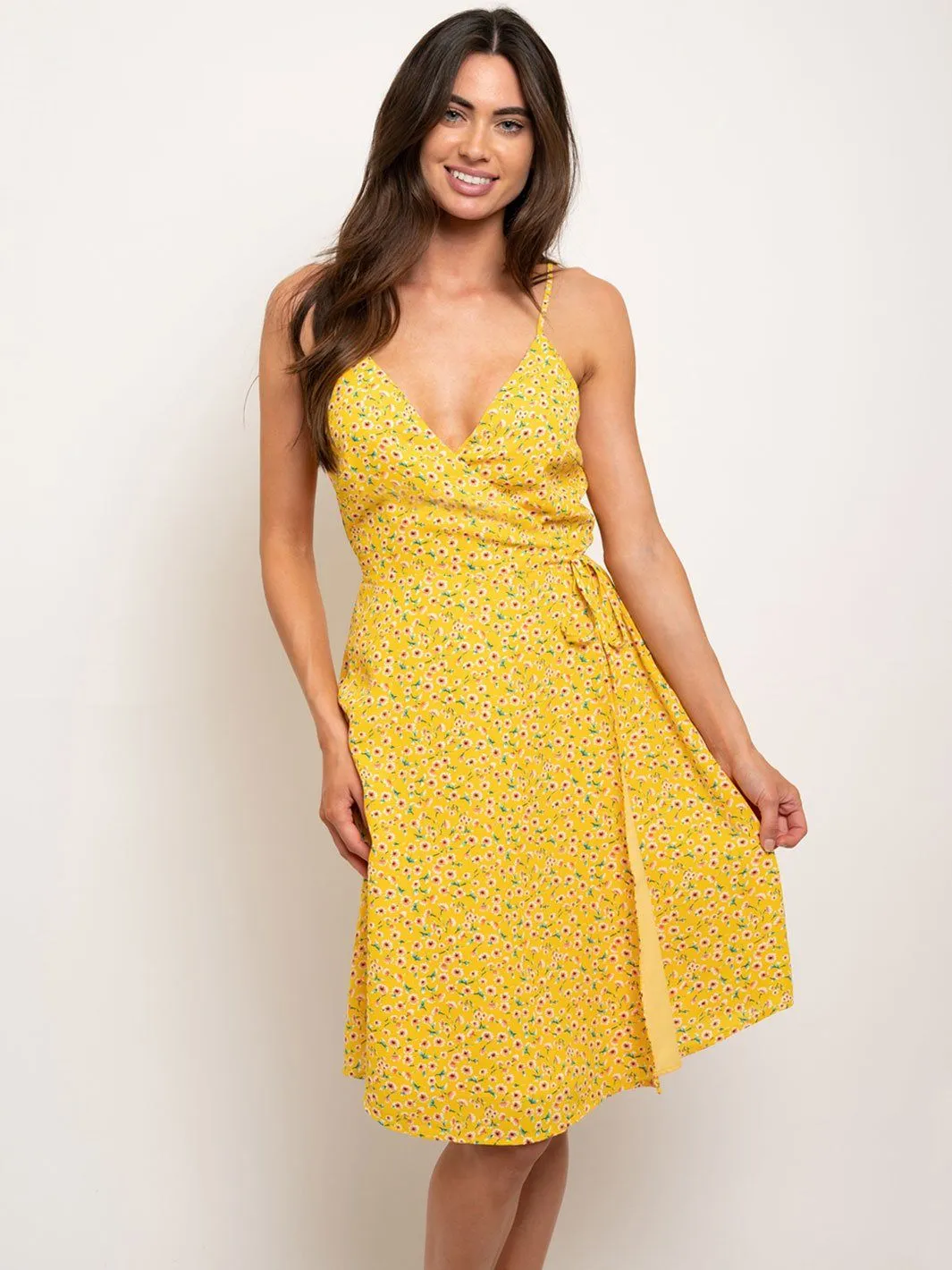 WOMEN'S SLEEVELESS SELF TIE FLORAL WRAP MIDI DRESS