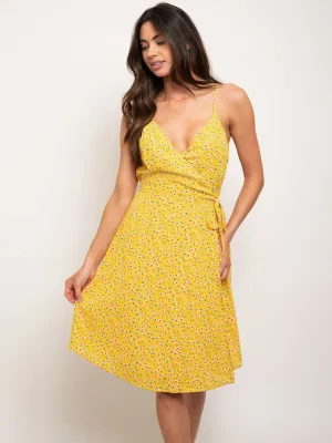 WOMEN'S SLEEVELESS SELF TIE FLORAL WRAP MIDI DRESS