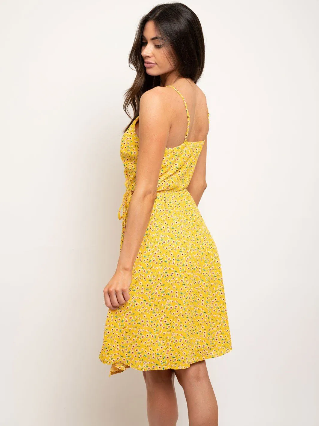 WOMEN'S SLEEVELESS SELF TIE FLORAL WRAP MIDI DRESS