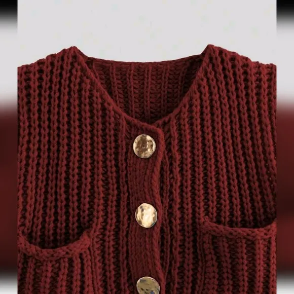 Women's Solid Color Single Breasted Casual Waistcoat Cardigan, Burgundy