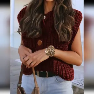 Women's Solid Color Single Breasted Casual Waistcoat Cardigan, Burgundy
