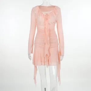YL23431Ribbon Mesh Pleated Dress Autumn New French Style Sexy Slim Long Sleeve Hip Skirt for Women