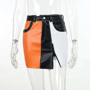 YY23406Same Style as European and American Web Celebrities' Zipper Contrast Color Leather Skirt 2023Summer New Sexy Hip Skirt Women's Short Skirt