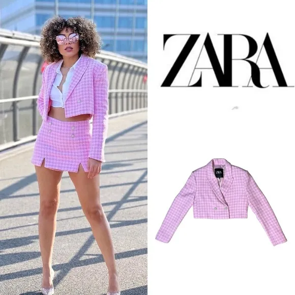 ZARA PINK STRUCTURED HOUNDSTOOTH  CROPPED LONG SLEEVE BLAZER **NWT**