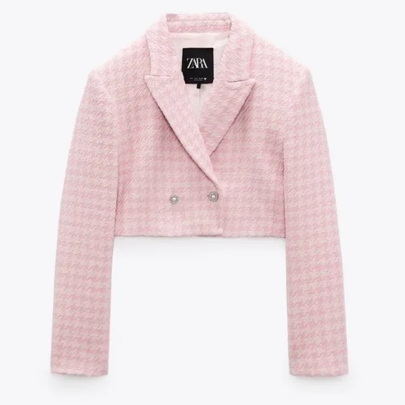 ZARA PINK STRUCTURED HOUNDSTOOTH  CROPPED LONG SLEEVE BLAZER **NWT**