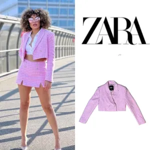 ZARA PINK STRUCTURED HOUNDSTOOTH  CROPPED LONG SLEEVE BLAZER **NWT**
