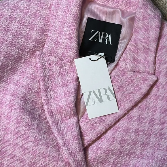 ZARA PINK STRUCTURED HOUNDSTOOTH  CROPPED LONG SLEEVE BLAZER **NWT**