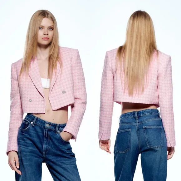 ZARA PINK STRUCTURED HOUNDSTOOTH  CROPPED LONG SLEEVE BLAZER **NWT**