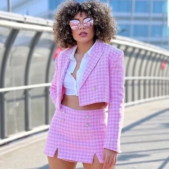 ZARA PINK STRUCTURED HOUNDSTOOTH  CROPPED LONG SLEEVE BLAZER **NWT**