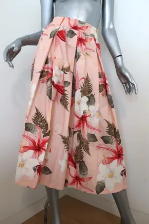 Zara Pleated Midi Skirt Pink Floral Print Cotton Size Extra Small