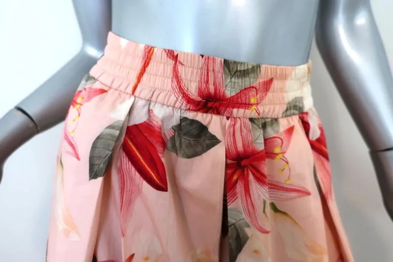 Zara Pleated Midi Skirt Pink Floral Print Cotton Size Extra Small