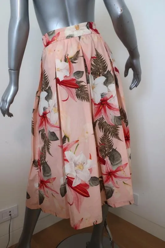 Zara Pleated Midi Skirt Pink Floral Print Cotton Size Extra Small