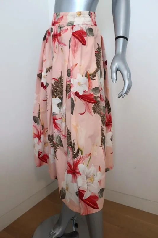Zara Pleated Midi Skirt Pink Floral Print Cotton Size Extra Small